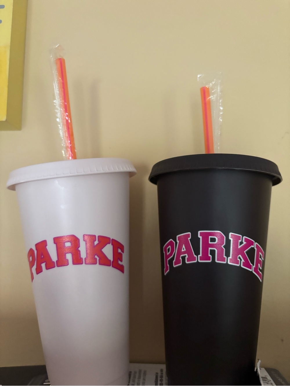 Parker Reusable Party Tumblers in White and Black with Pink Lettering